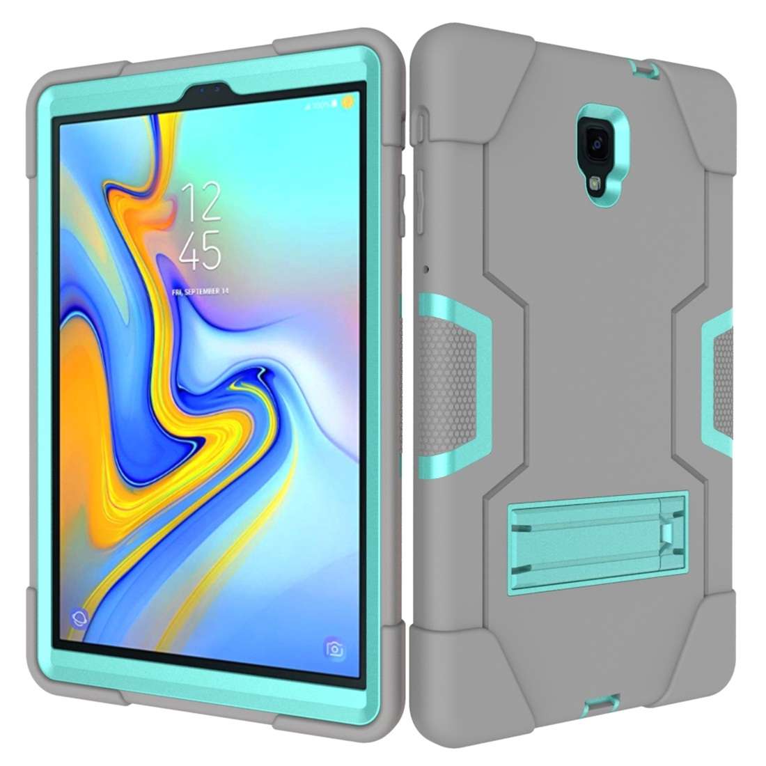 For Galaxy Tab A 10.5 T590 Contrast Color Silicone + PC Combination Case with Holder(Grey + Aqua)