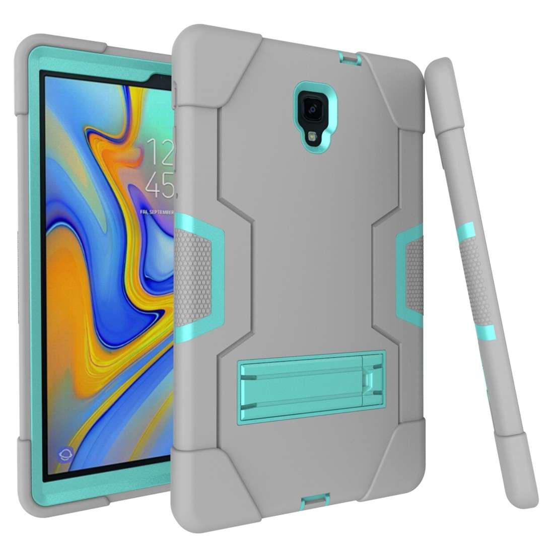 For Galaxy Tab A 10.5 T590 Contrast Color Silicone + PC Combination Case with Holder(Grey + Aqua)
