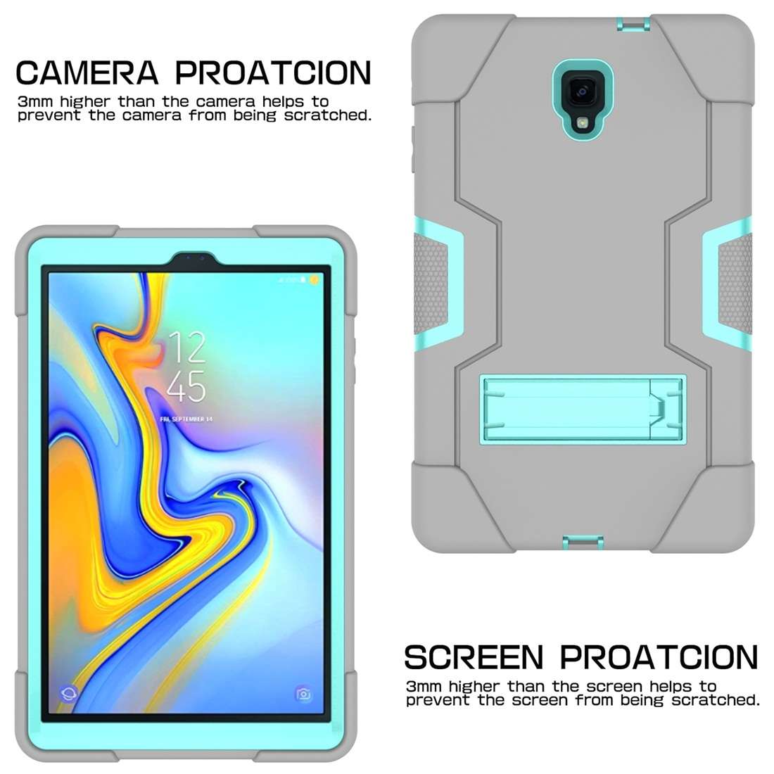 For Galaxy Tab A 10.5 T590 Contrast Color Silicone + PC Combination Case with Holder(Grey + Aqua)