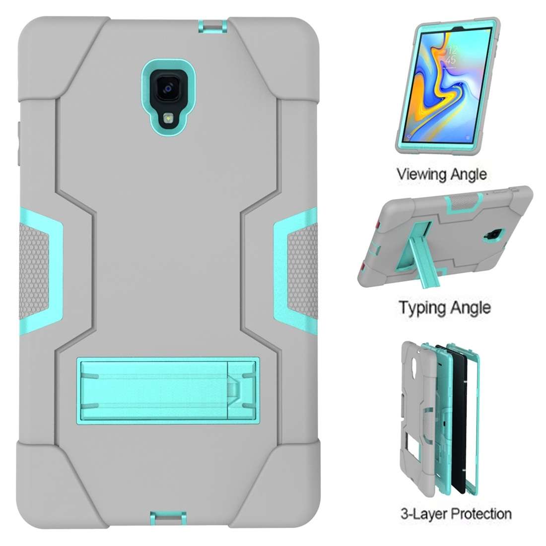 For Galaxy Tab A 10.5 T590 Contrast Color Silicone + PC Combination Case with Holder(Grey + Aqua)