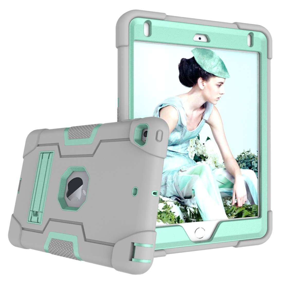 For iPad Mini 5 / 4 Contrast Color Silicone + PC Combination Case with Holder(Grey + Aqua)