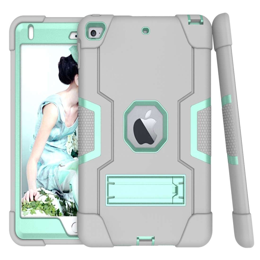 For iPad Mini 5 / 4 Contrast Color Silicone + PC Combination Case with Holder(Grey + Aqua)