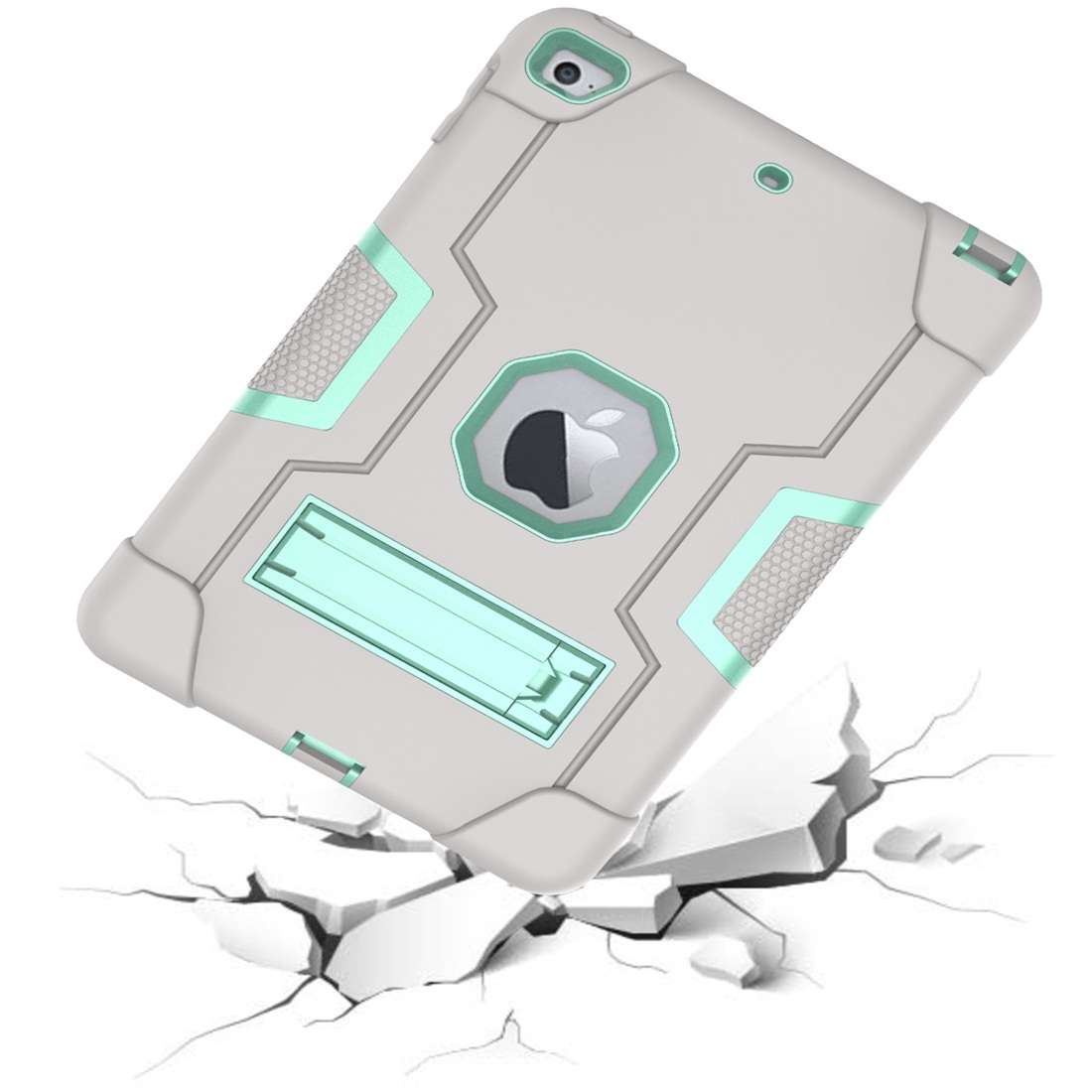 For iPad Mini 5 / 4 Contrast Color Silicone + PC Combination Case with Holder(Grey + Aqua)