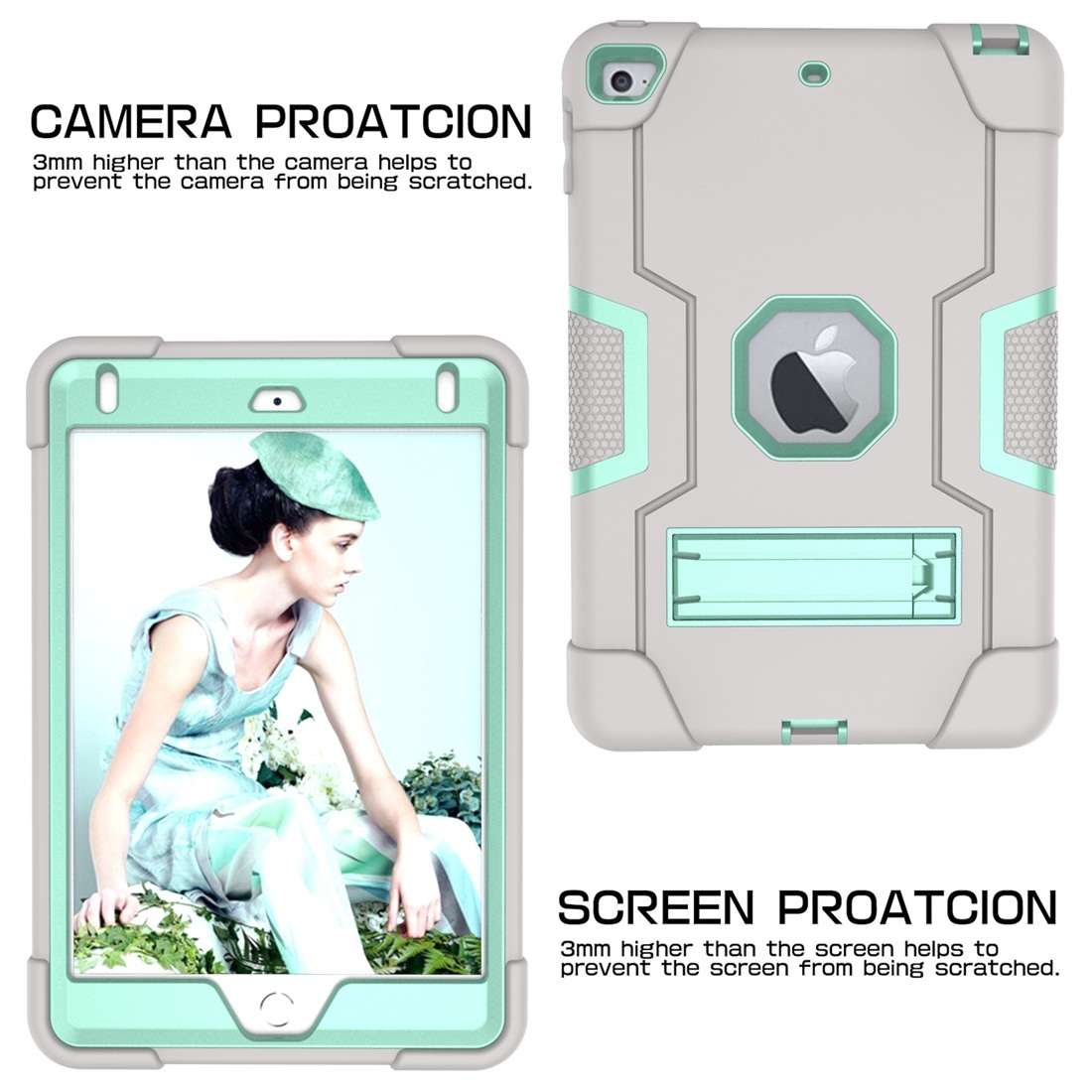 For iPad Mini 5 / 4 Contrast Color Silicone + PC Combination Case with Holder(Grey + Aqua)