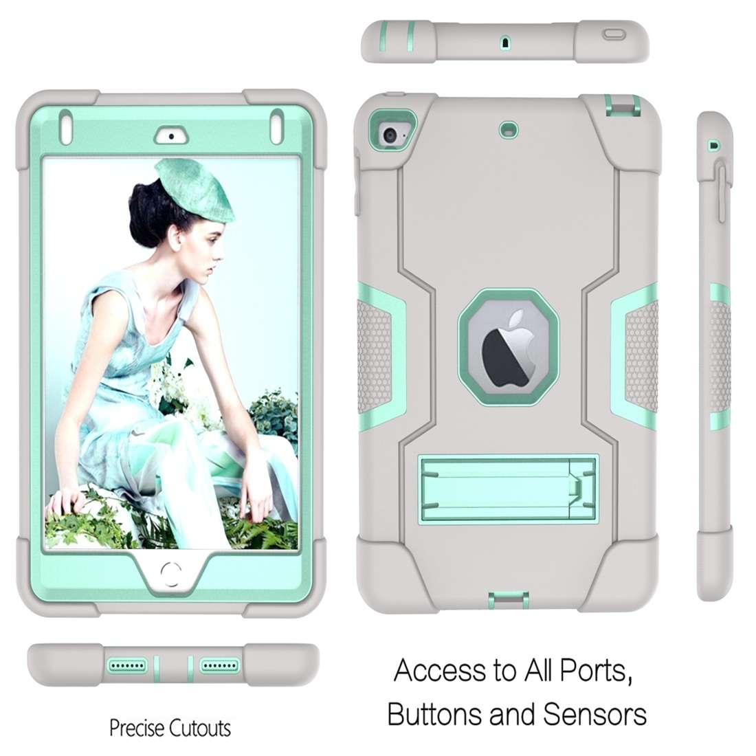 For iPad Mini 5 / 4 Contrast Color Silicone + PC Combination Case with Holder(Grey + Aqua)