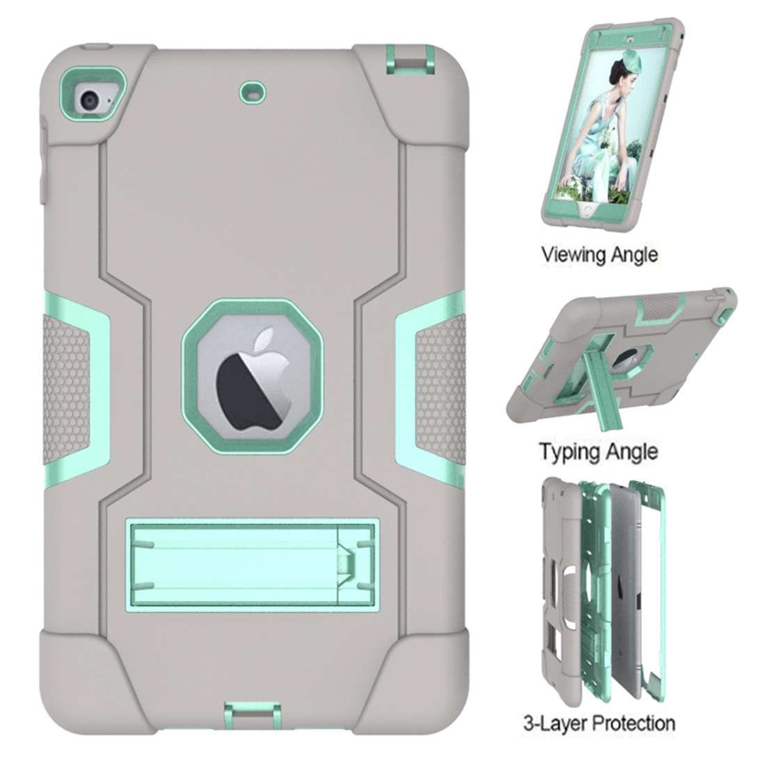 For iPad Mini 5 / 4 Contrast Color Silicone + PC Combination Case with Holder(Grey + Aqua)