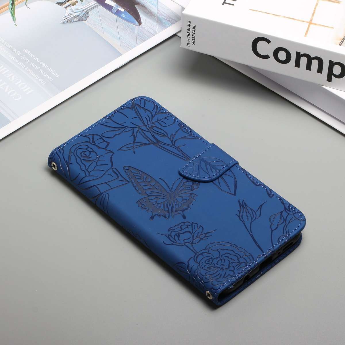 For iPhone SE 2022 / SE 2020 / 8 / 7 Skin Feel Butterfly Peony Embossed Leather Phone Case(Blue)