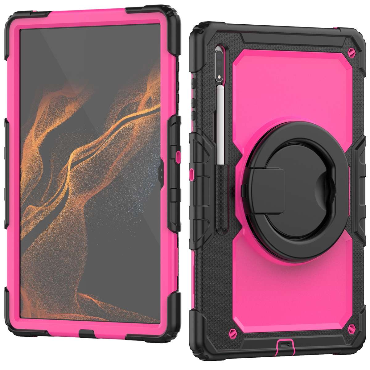 For Samsung Galaxy Tab S8 Ultra Shoulder Strap Silicone + PC Tablet Case(Black Rose Red)