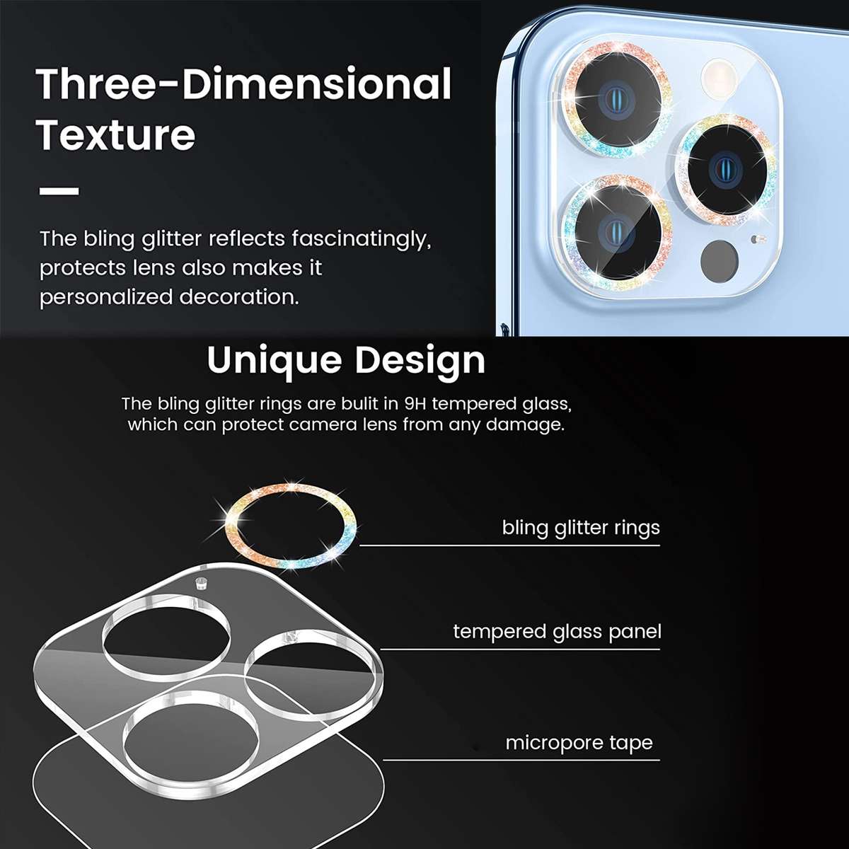 Glitter Ring Tempered Glass Camera Lens Film For iPhone 11 Pro / 11 Pro Max(Silver)