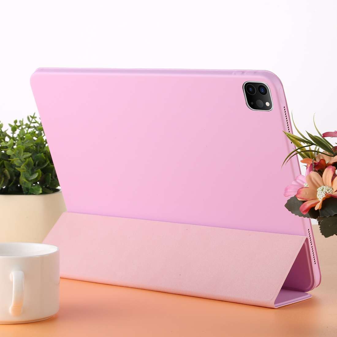 For iPad Pro 12.9 inch (2020/2021) 3-fold Horizontal Flip Smart Leather Tablet Case wit ... (Pink)