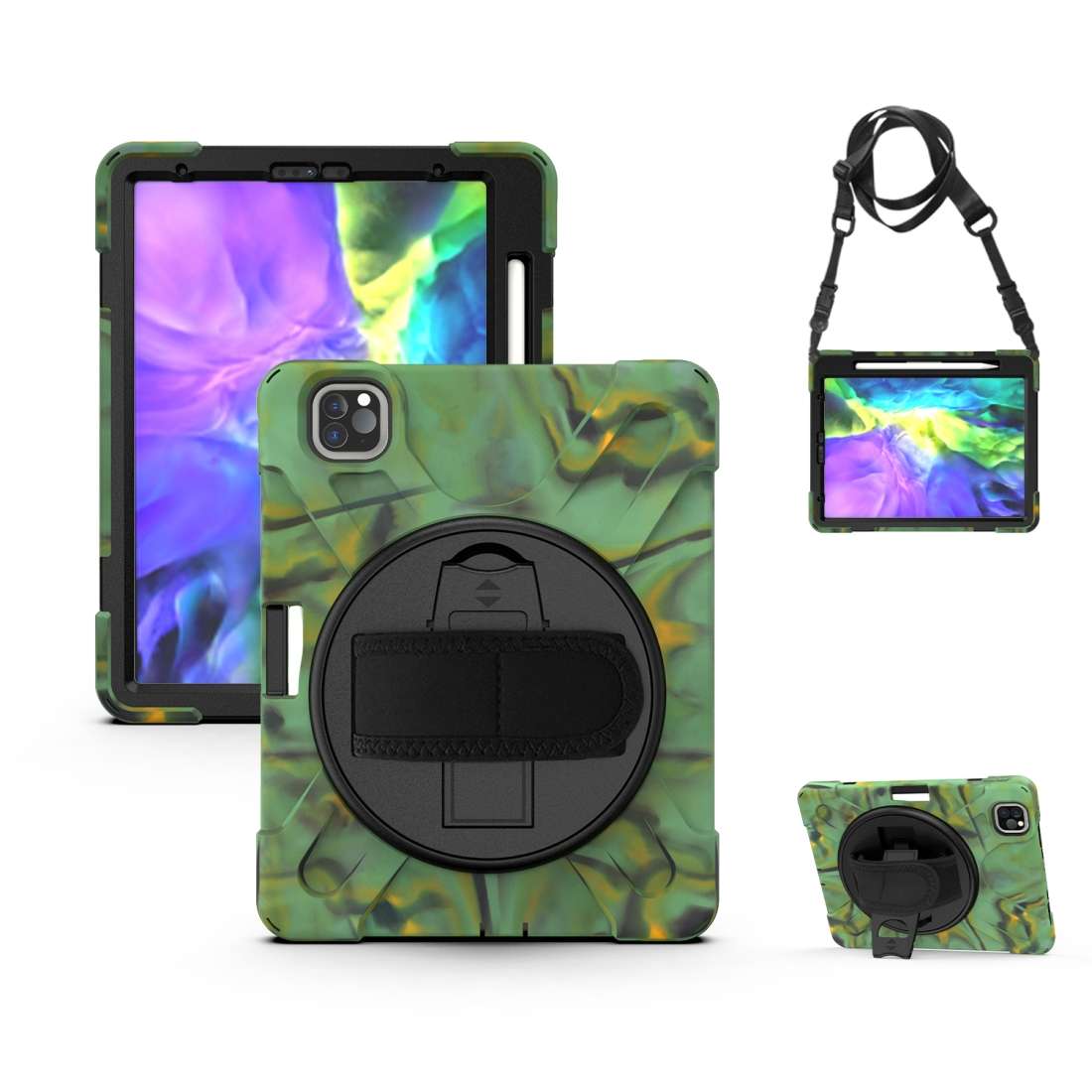 360 Degree Rotation Silicone Protective Cover with Holder & Hand Strap & Long Str ... (Army Green)
