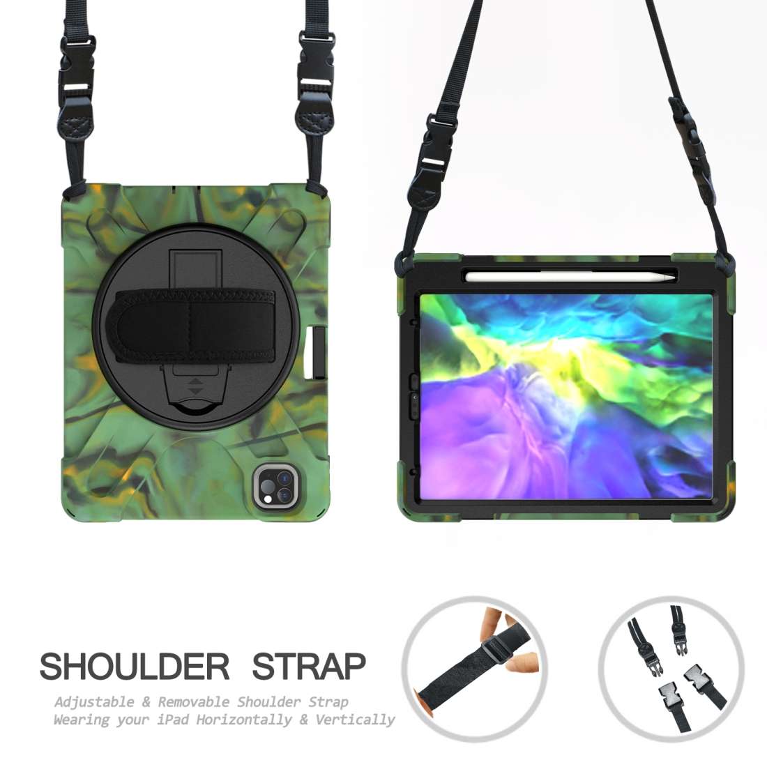 360 Degree Rotation Silicone Protective Cover with Holder & Hand Strap & Long Str ... (Army Green)