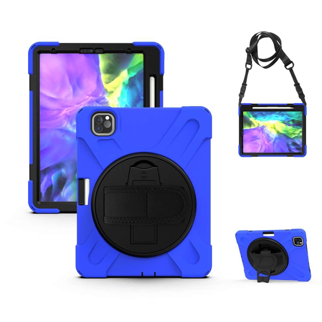 360 Degree Rotation Silicone Protective Cover with Holder & Hand Strap & Long Strap & P ... (Blue)