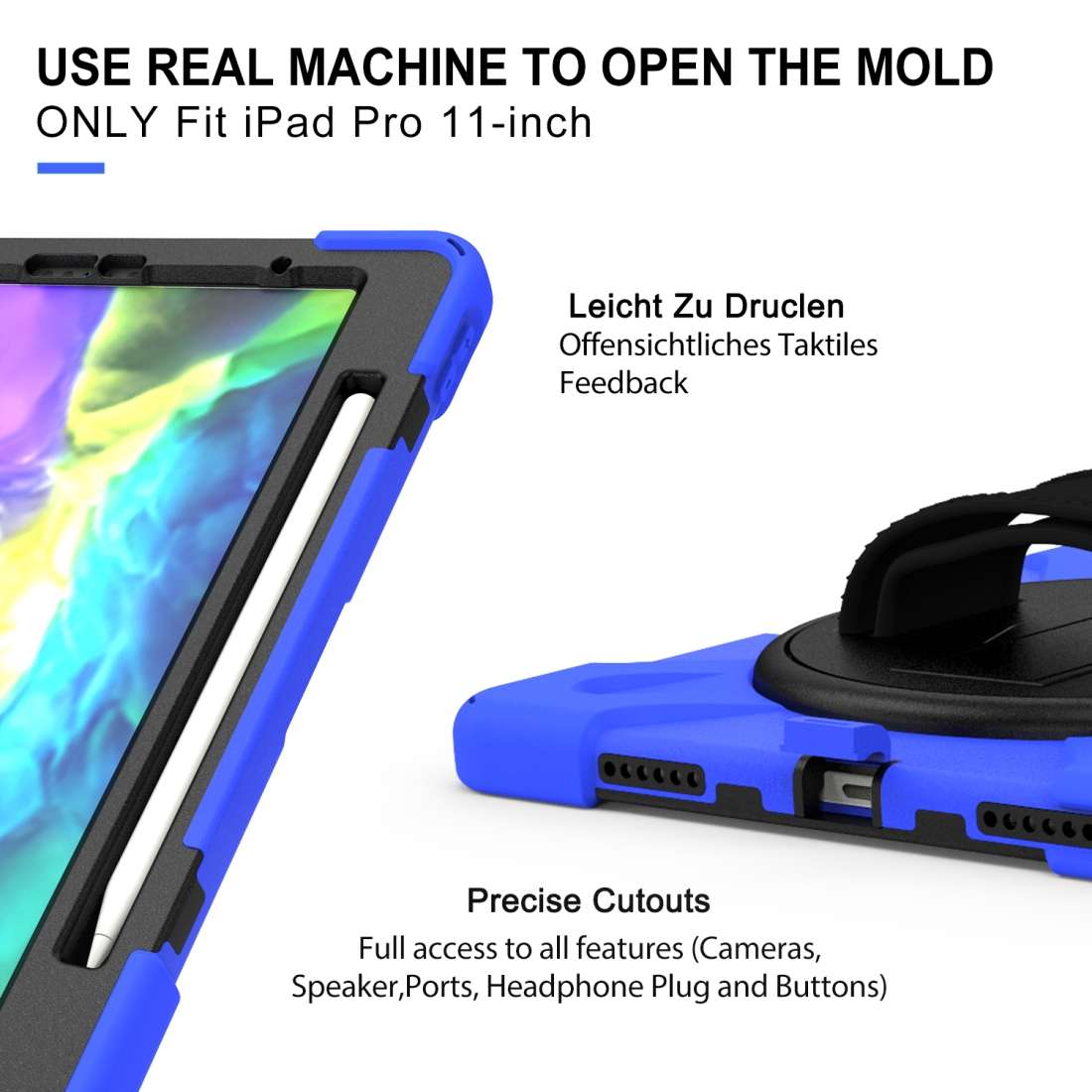 360 Degree Rotation Silicone Protective Cover with Holder & Hand Strap & Long Strap & P ... (Blue)
