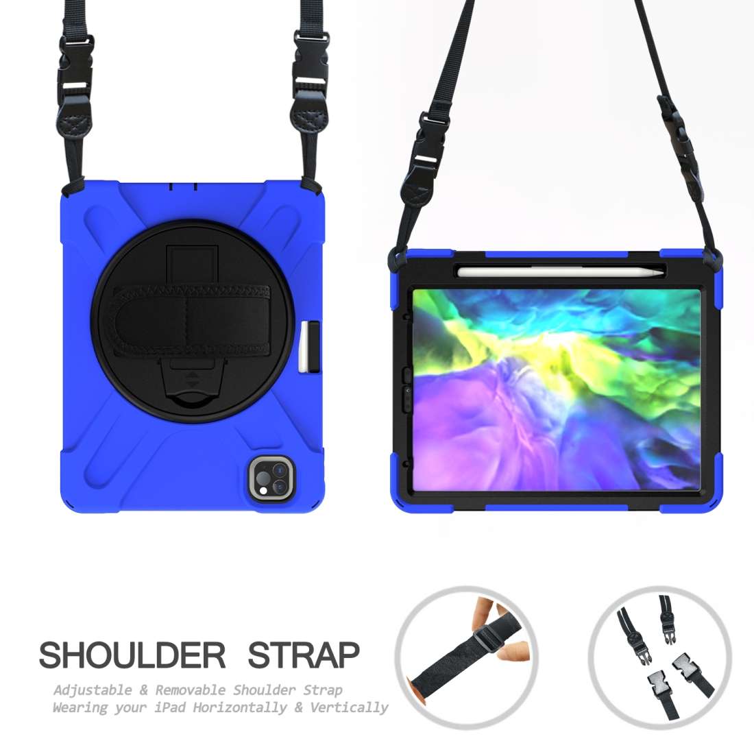 360 Degree Rotation Silicone Protective Cover with Holder & Hand Strap & Long Strap & P ... (Blue)