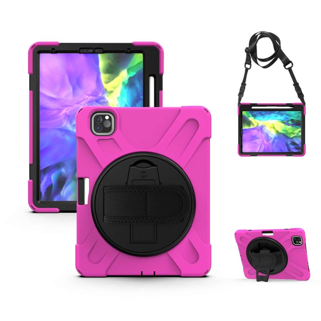 360 Degree Rotation Silicone Protective Cover with Holder & Hand Strap & Long Strap ... (Rose Red)