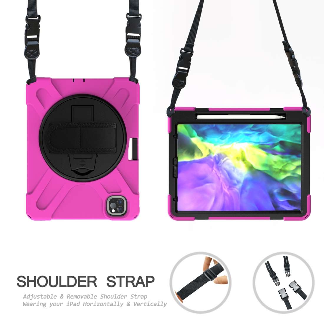360 Degree Rotation Silicone Protective Cover with Holder & Hand Strap & Long Strap ... (Rose Red)