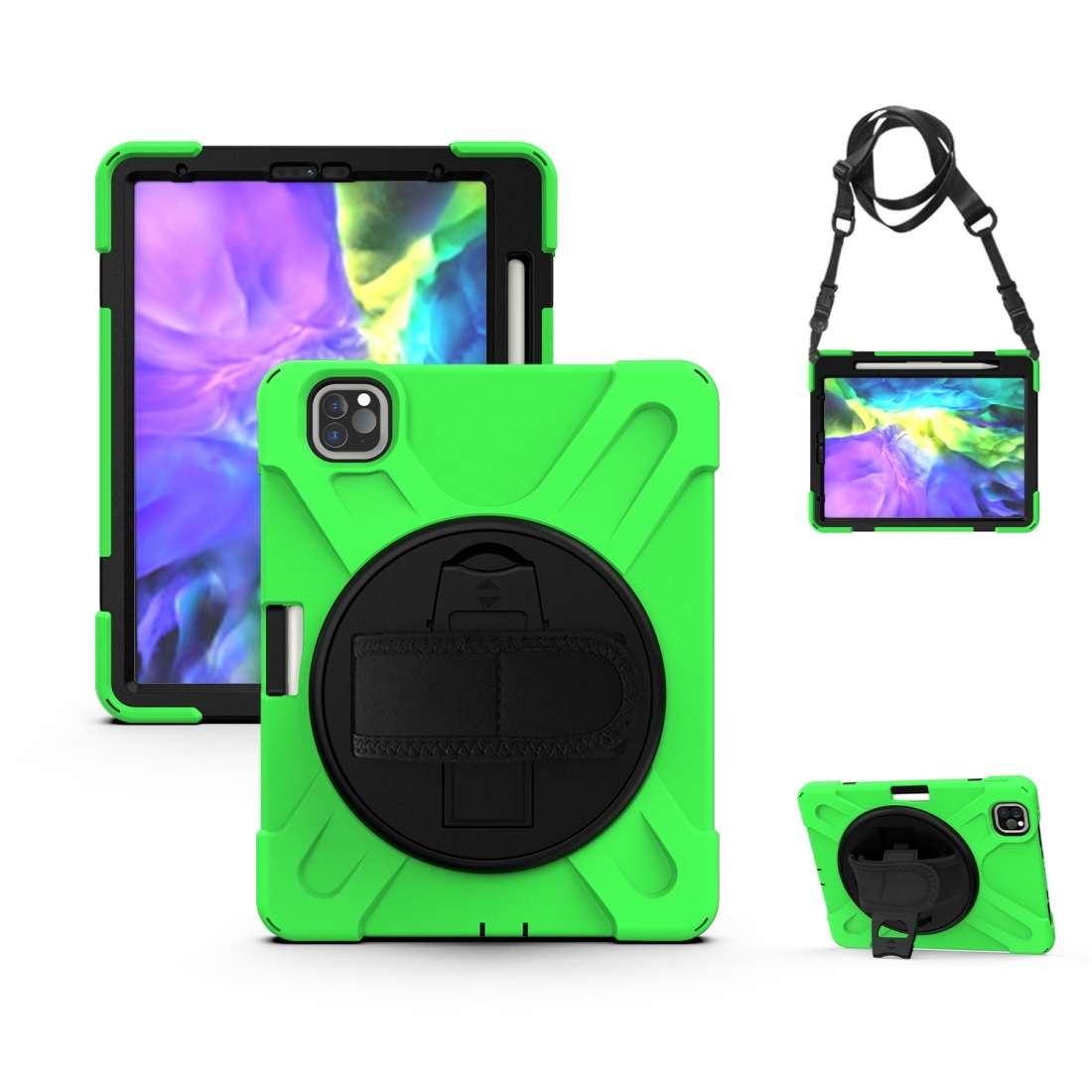 360 Degree Rotation Silicone Protective Cover with Holder & Hand Strap & Long Strap & ... (Green)