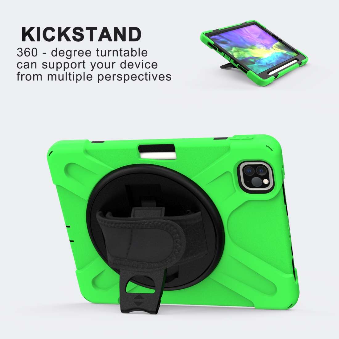 360 Degree Rotation Silicone Protective Cover with Holder & Hand Strap & Long Strap & ... (Green)