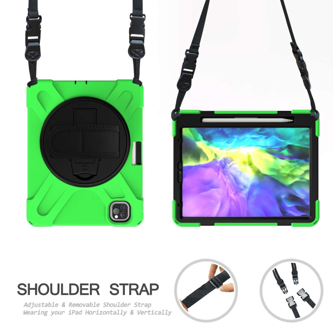 360 Degree Rotation Silicone Protective Cover with Holder & Hand Strap & Long Strap & ... (Green)
