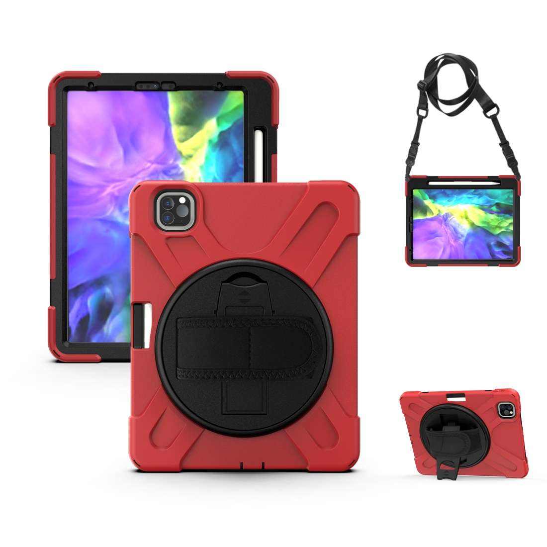 360 Degree Rotation Silicone Protective Cover with Holder & Hand Strap & Long Strap & Pe ... (Red)