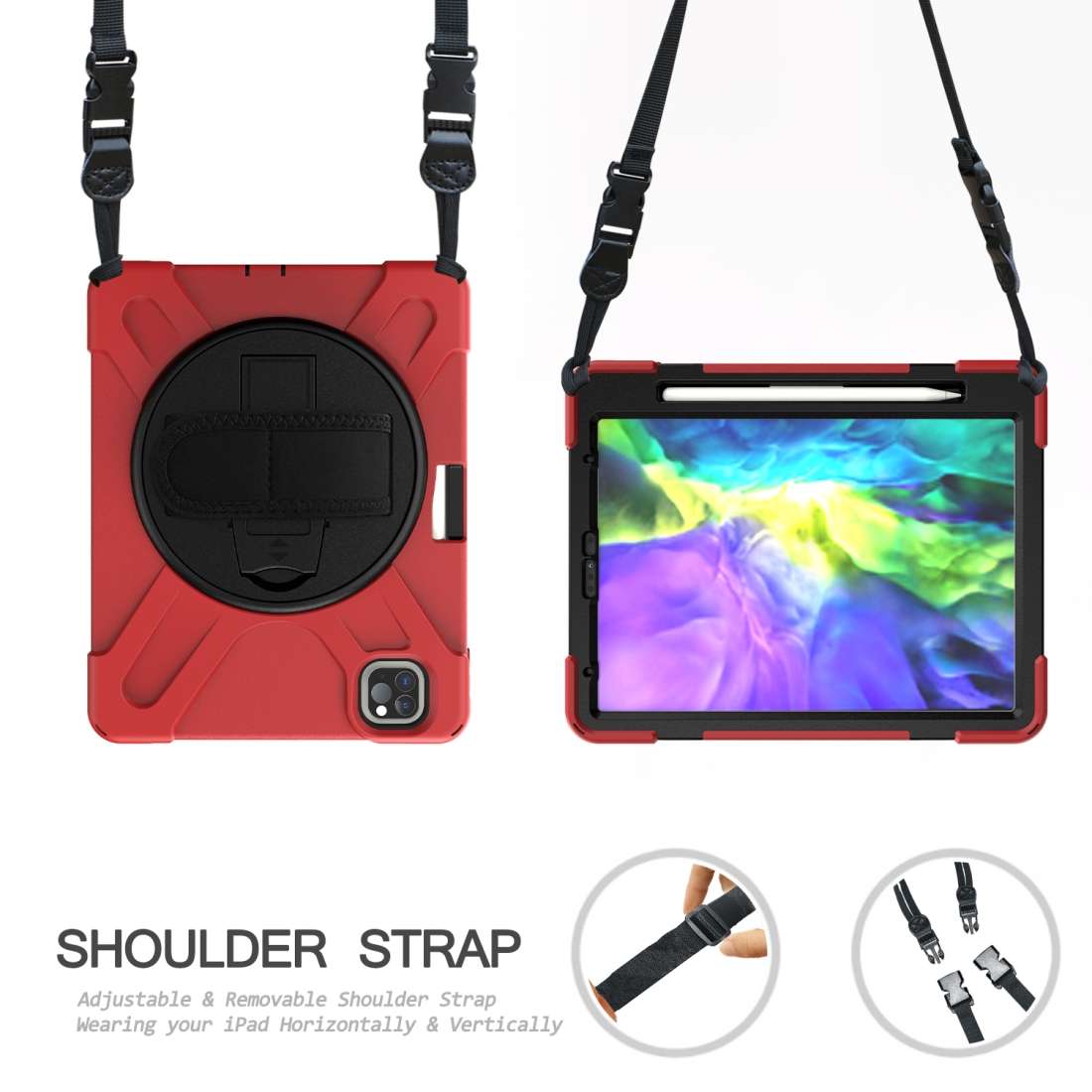 360 Degree Rotation Silicone Protective Cover with Holder & Hand Strap & Long Strap & Pe ... (Red)