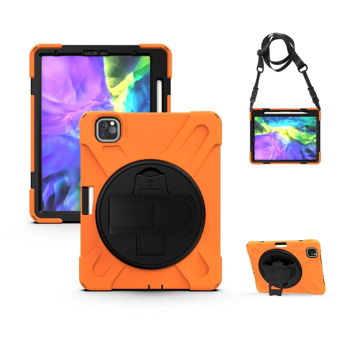 360 Degree Rotation Silicone Protective Cover with Holder & Hand Strap & Long Strap & ... (Orange)