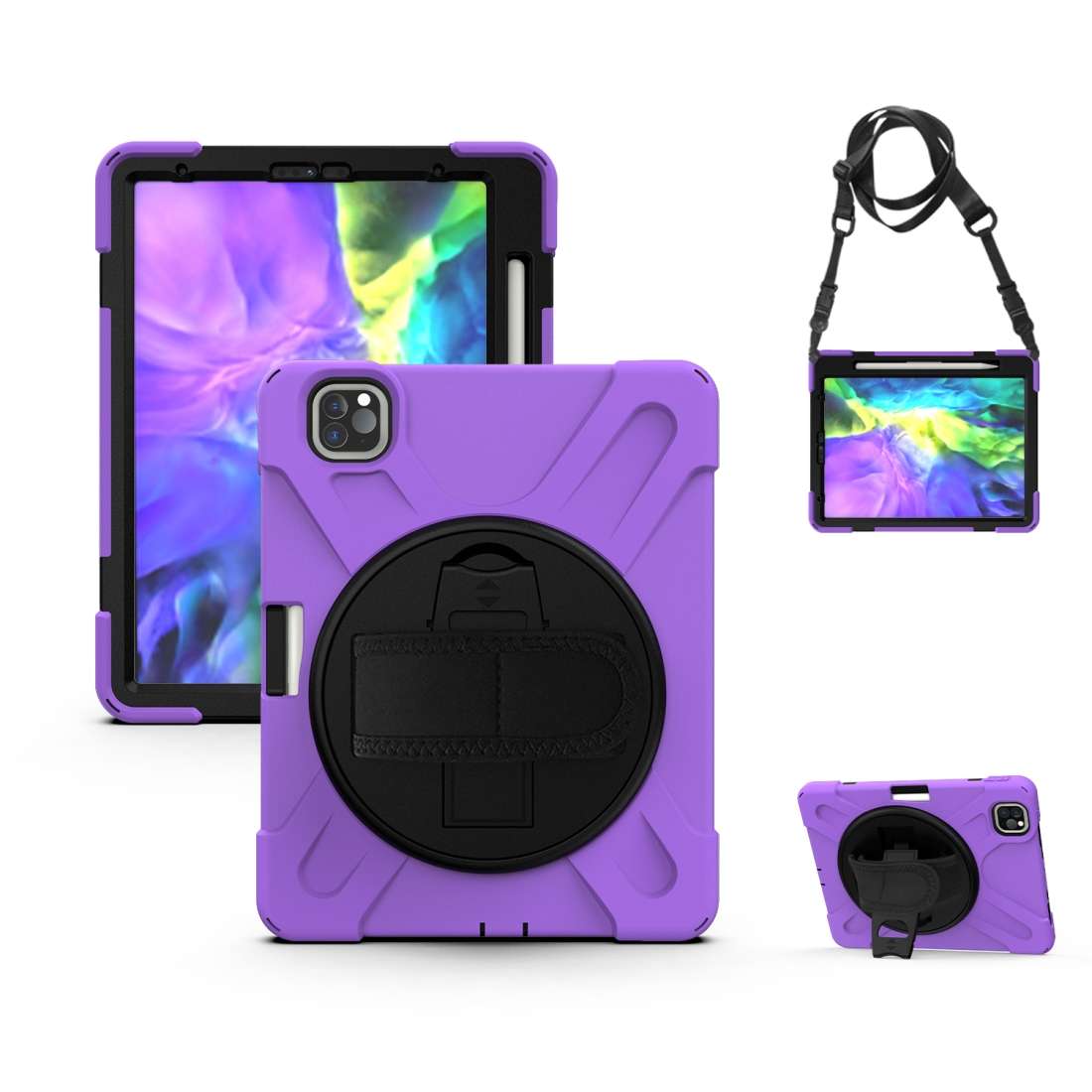 360 Degree Rotation Silicone Protective Cover with Holder & Hand Strap & Long Strap & ... (Purple)