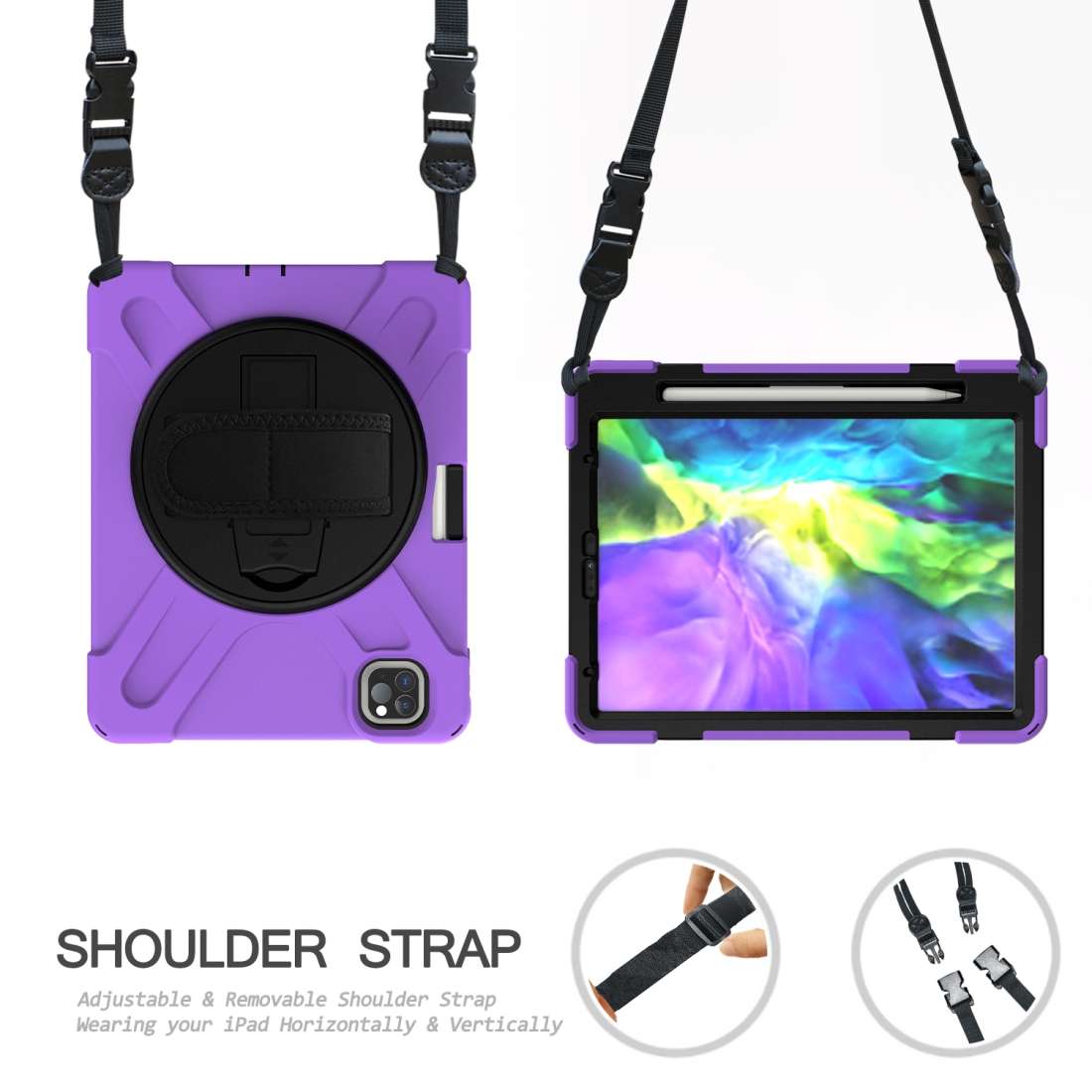 360 Degree Rotation Silicone Protective Cover with Holder & Hand Strap & Long Strap & ... (Purple)