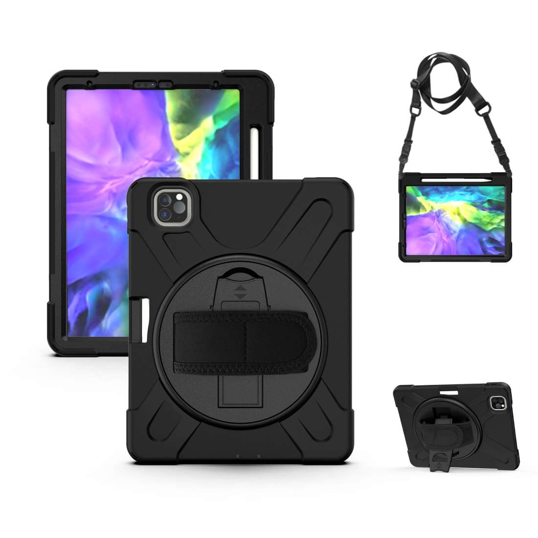 360 Degree Rotation Silicone Protective Cover with Holder & Hand Strap & Long Strap & ... (Black)