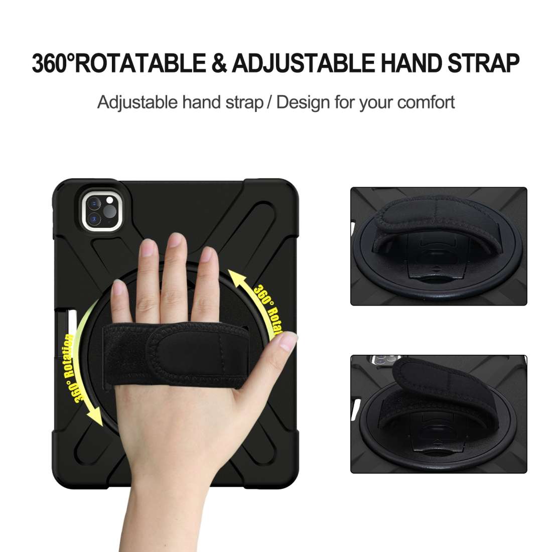 360 Degree Rotation Silicone Protective Cover with Holder & Hand Strap & Long Strap & ... (Black)