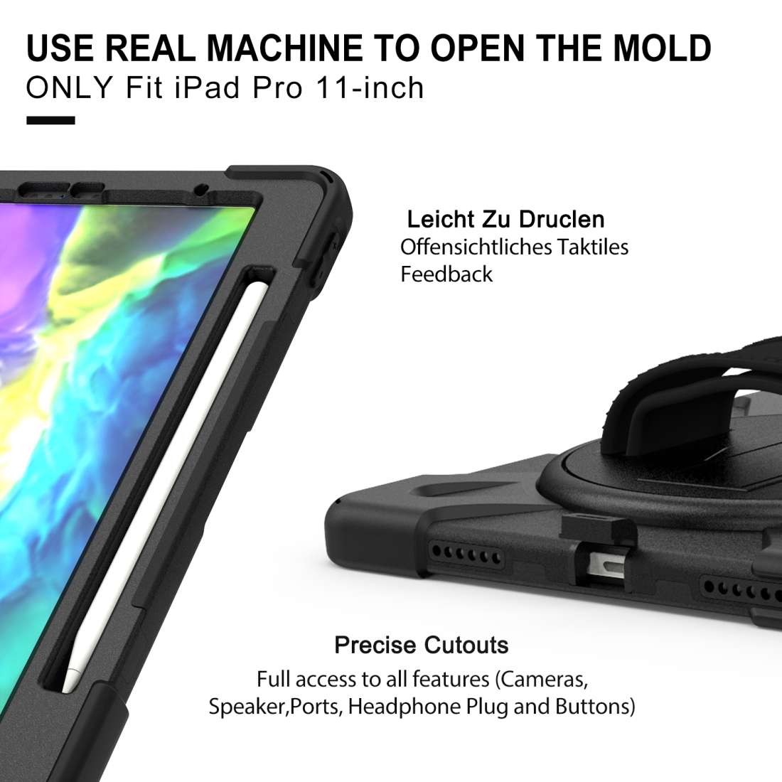 360 Degree Rotation Silicone Protective Cover with Holder & Hand Strap & Long Strap & ... (Black)