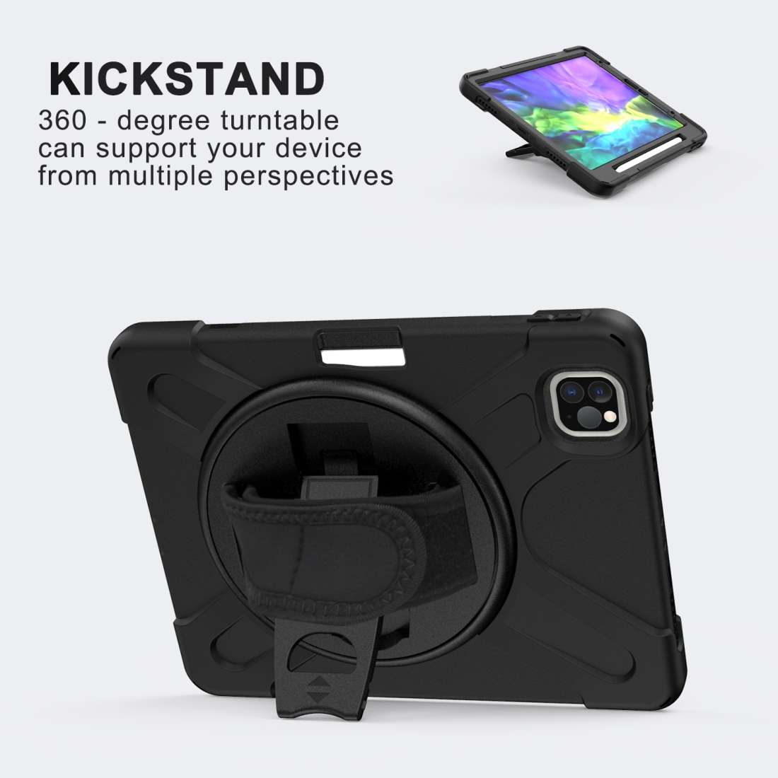 360 Degree Rotation Silicone Protective Cover with Holder & Hand Strap & Long Strap & ... (Black)