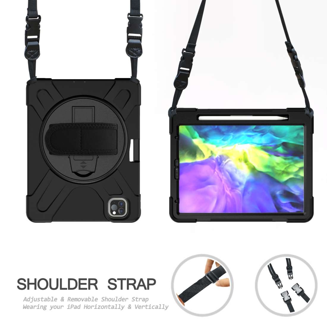 360 Degree Rotation Silicone Protective Cover with Holder & Hand Strap & Long Strap & ... (Black)