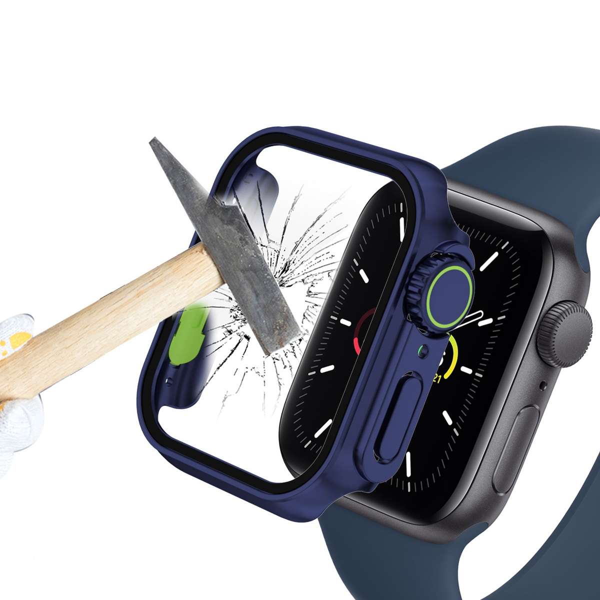 For Apple Watch Series 9 / 8 / 7 45mm Film PC Watch Case with Detachable Button(Dark Blue)
