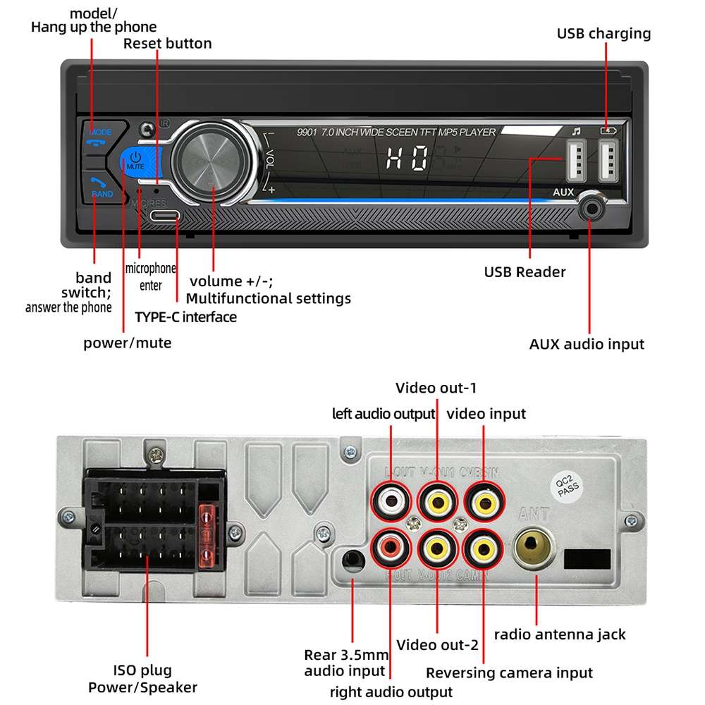9901 7 inch Car Retractable MP5 Player Supports FM & Mobile Phone Internet