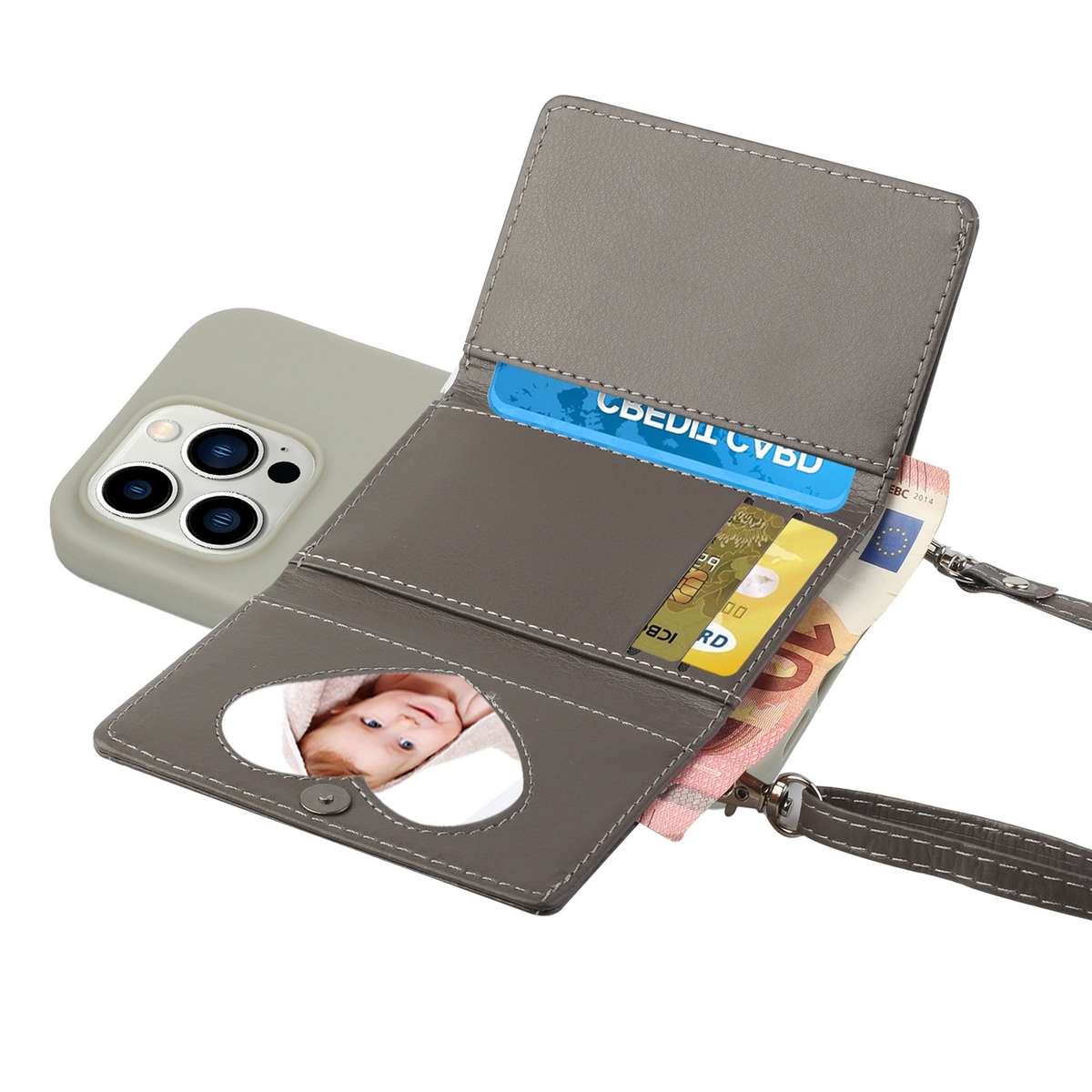 For iPhone 14 Pro Crossbody Lanyard Wallet Card Bag Phone Case(Grey)