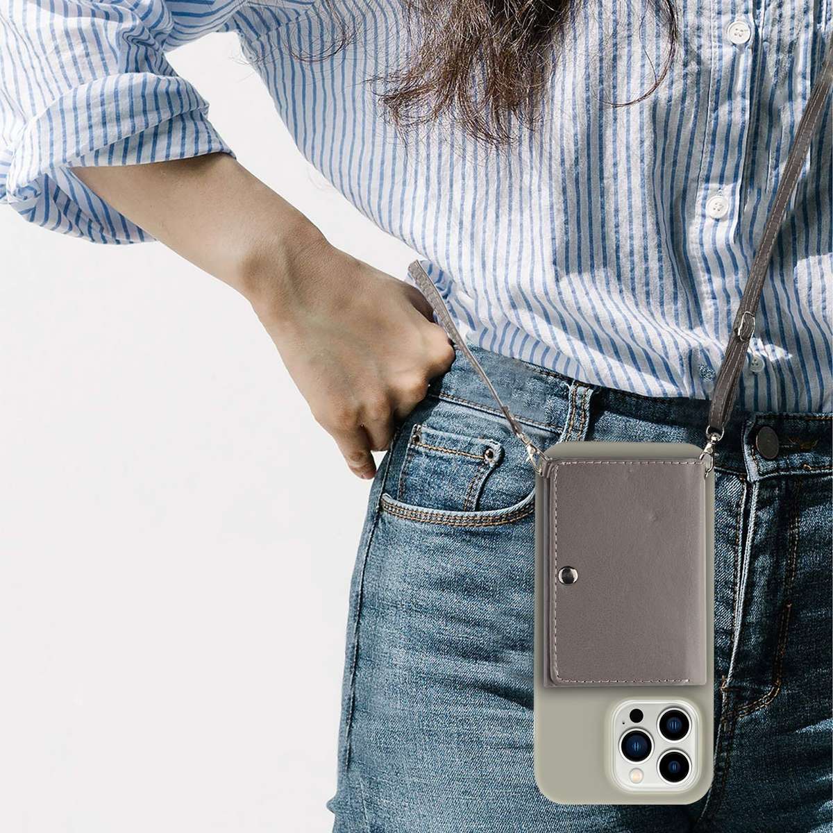 For iPhone 14 Pro Crossbody Lanyard Wallet Card Bag Phone Case(Grey)