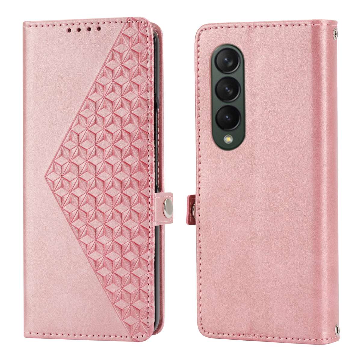For Samsung Galaxy Z Fold4 Cubic Grid Calf Texture Leather Phone Case with Neck Lanyard(Rose Gold)