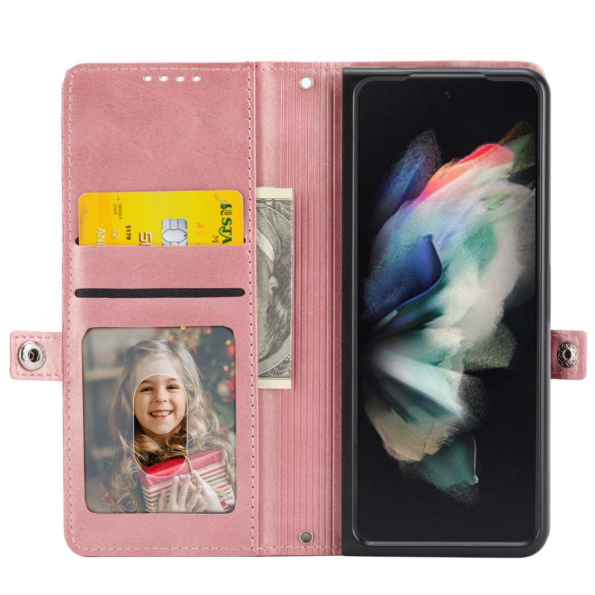 For Samsung Galaxy Z Fold4 Cubic Grid Calf Texture Leather Phone Case with Neck Lanyard(Rose Gold)