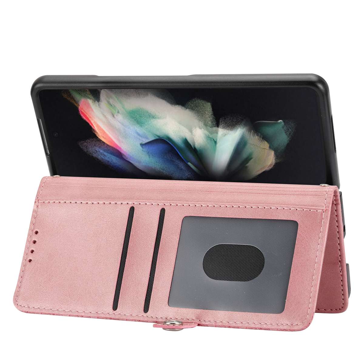 For Samsung Galaxy Z Fold4 Cubic Grid Calf Texture Leather Phone Case with Neck Lanyard(Rose Gold)