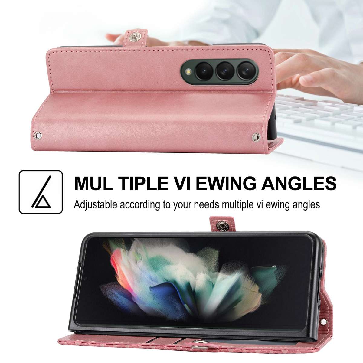 For Samsung Galaxy Z Fold4 Cubic Grid Calf Texture Leather Phone Case with Neck Lanyard(Rose Gold)