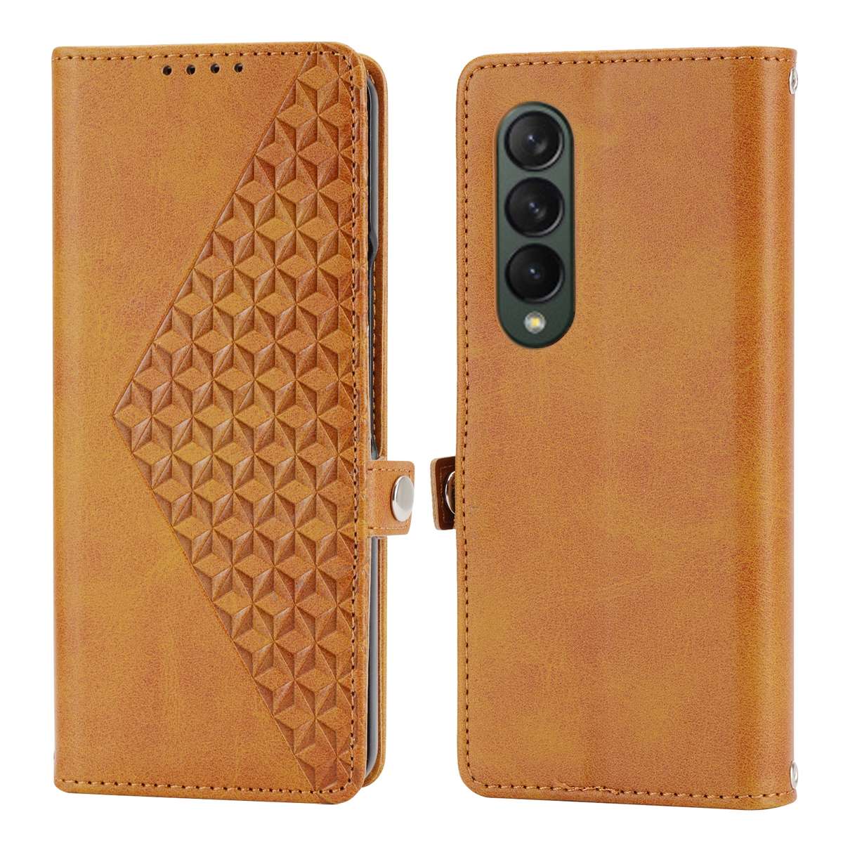 For Samsung Galaxy Z Fold4 Cubic Grid Calf Texture Leather Phone Case with Neck Lanyard(Yellow)