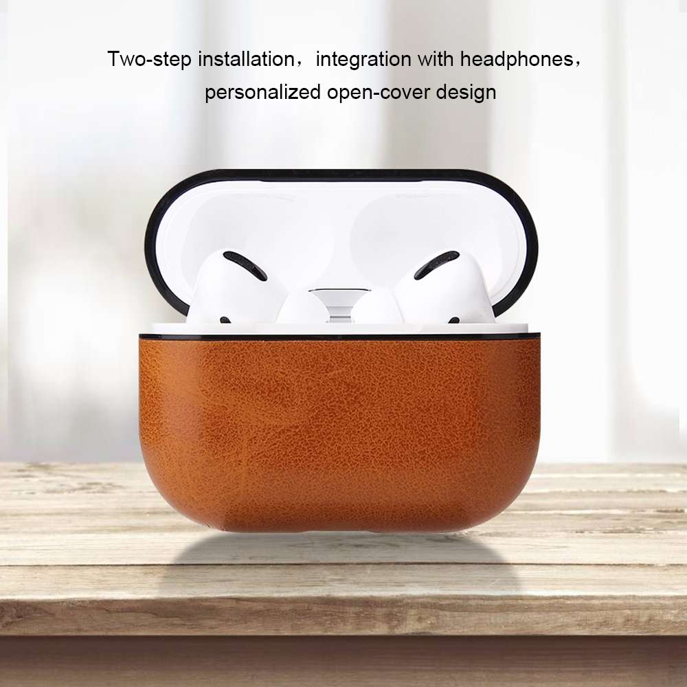 For AirPods Pro Anti-fall Crazy Horse Texture PU Leather Protective Case with Carabiner(Coffee)