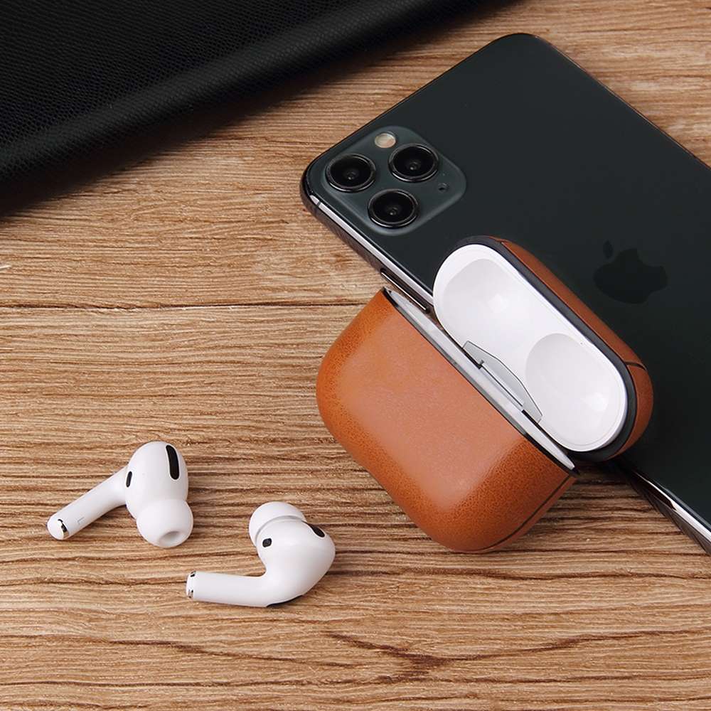 For AirPods Pro Anti-fall Crazy Horse Texture PU Leather Protective Case with Carabiner(Coffee)