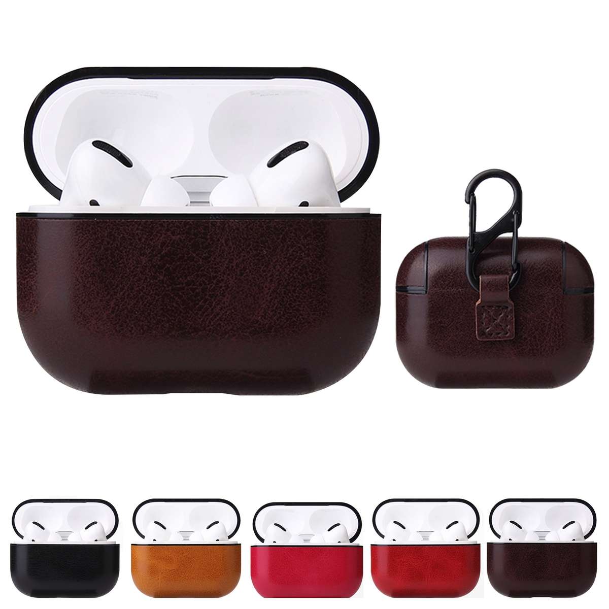 For AirPods Pro Anti-fall Crazy Horse Texture PU Leather Protective Case with Carabiner(Coffee)