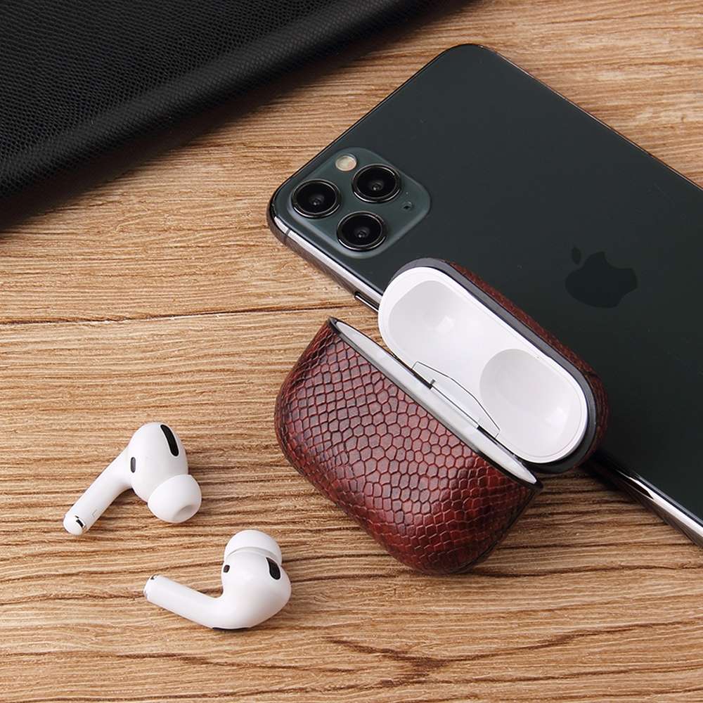 For AirPods Pro Anti-fall Snakeskin Texture PU Leather Protective Case with Carabiner(Gray)