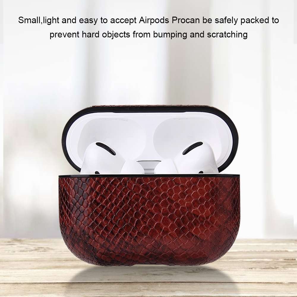For AirPods Pro Anti-fall Snakeskin Texture PU Leather Protective Case with Carabiner(Red)
