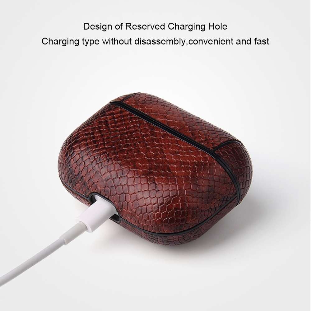 For AirPods Pro Anti-fall Snakeskin Texture PU Leather Protective Case with Carabiner(Silver)
