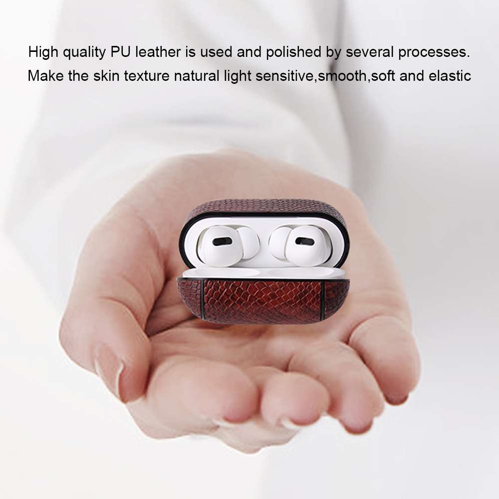 For AirPods Pro Anti-fall Snakeskin Texture PU Leather Protective Case with Carabiner(Silver)